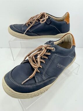 Kickers Joua Navy Blue & Tan Leather Side-Zip Lace Up Sneakers - EU 35 US 3.5